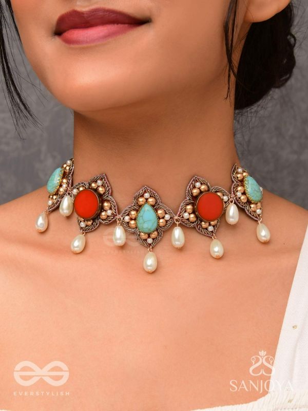 Palashabhyam - The Awakening Petals - Stones, Beads And Pearl Drops Hand Embroidered Choker Neckpiece