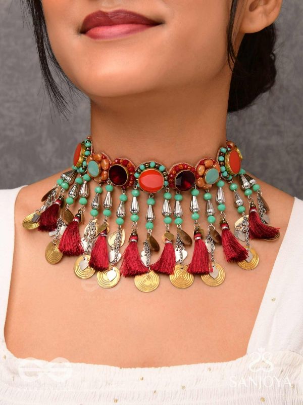 Anuragini - The Windy Music - Stones, Resham And Coins Hand Embroidered Oxidised Choker Neckpiece