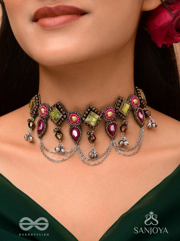Alankarya - The Bejewelled Shalimar - Stones, Beads And Mirrors Hand Embroidered Oxidised Choker Neckpiece