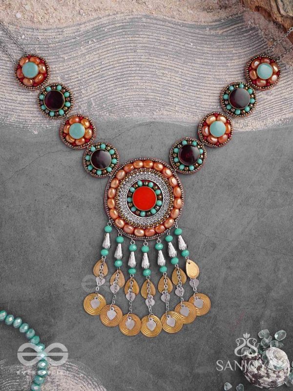 Arthanvit - The Spheres Of Wealth - Beads, Stones And Coins Hand Embroidered Oxidised Neckpiece