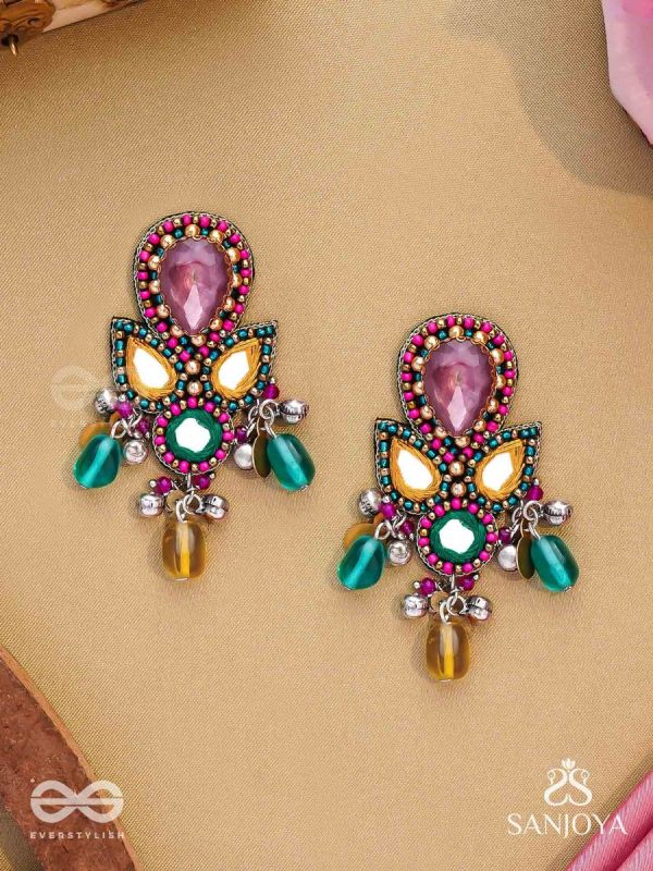 Guhyani - The Mysterious Hues - Stone, Mirrors And Glass Drops Hand Embroidered Earrings