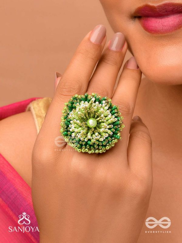 Divyakanan - The Enchanted Grove - Pearl And Beads Hand Embroidered Ring (Adjustable)