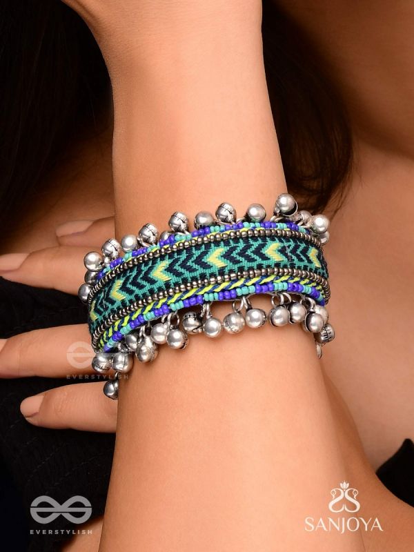 Vedhan - The Oceanic Depths - Resham And Beads Hand Embroidered Oxidised Cuff Bracelet