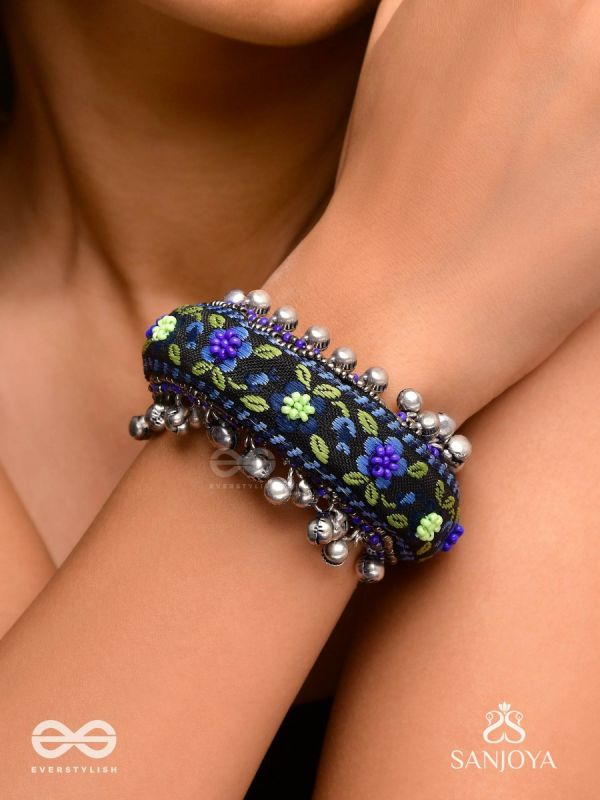 Padmacharini - The Divine Orchids - Resham And Beads Hand Embroidered Oxidised Cuff Bracelet