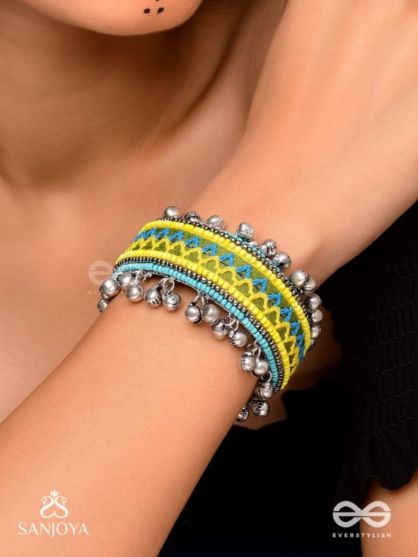 Dhritvan - The Lime Sky - Resham And Beads Hand Embroidered Oxidised Cuff Bracelet