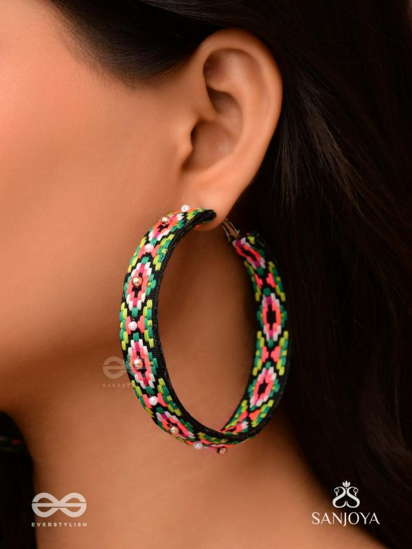 Kshitvari - The Lively Garden - Resham And Beads Hand Embroidered Hoop Earrings