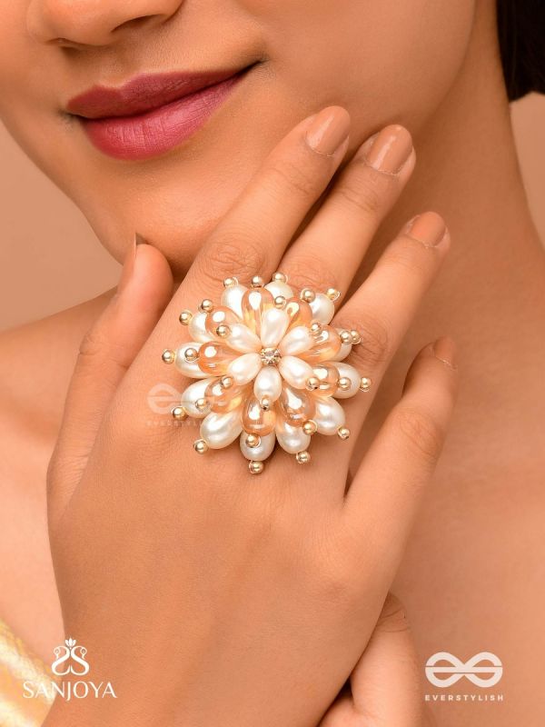 Svapnakalka - The Ivory Dream - Beads, Pearl And Glass Drops Hand Embroidered Ring (Adjustable)