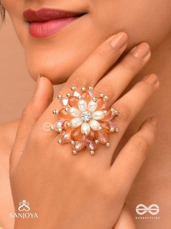 Sharadgat - The Autumn Magic - Beads, Pearl And Glass Drops Hand Embroidered Ring (Adjustable)