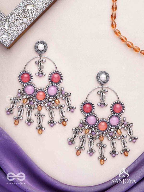 Durvarna - The Silvery Chimes - Beads, Shells And Glass Drops Hand Embroidered Earrings