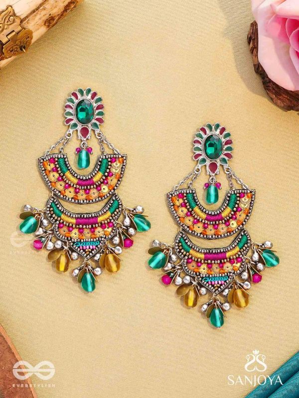 Gramik - The Rustic Royalty - Stone, Resham , Coins And Glass Drops Hand Embroidered Earrings