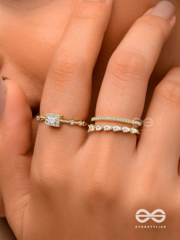 The Diamond Dreams - Golden Embellished Rings (Set Of 2 Adjustable)