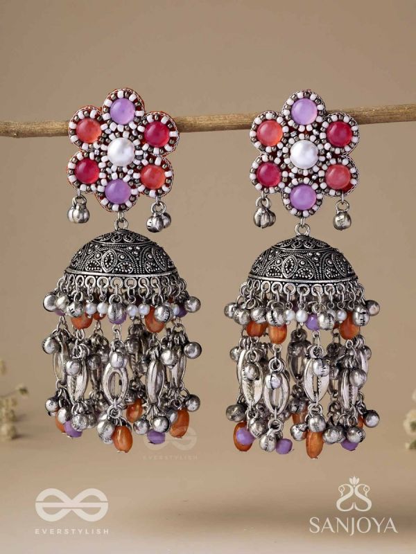 Punyodyan - The Shell Shalimar - Beads, Shells And Glass Drops Hand Embroidered Oxidised Jhumka Earrings