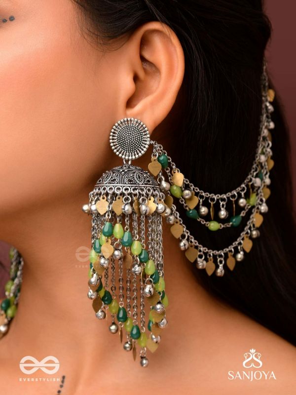 Girayah - Souvenirs Of The Nature - Beads And Glass Drops Hand Embroidered Oxidised Chain Earrings