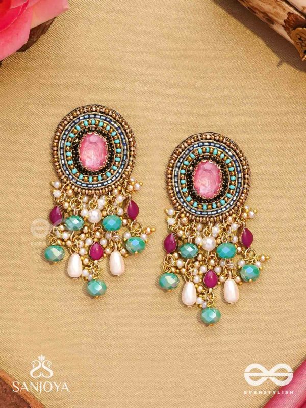 Prakhyaih - The Hazy Splendor - Stones, Beads And Pearl Drops Hand Embroidered Earrings