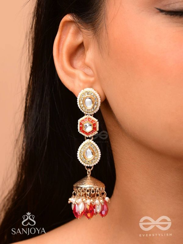 Suvarnmani - The Golden Gem –Golden enamel earrings adorned with gemstones and dangling beads