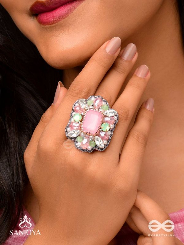 SUKRATMANI –WELL-CRAFTED GEM –HAND EMBROIDERED PINK RING EMBELLISHED WITH STONES AND PEARLS