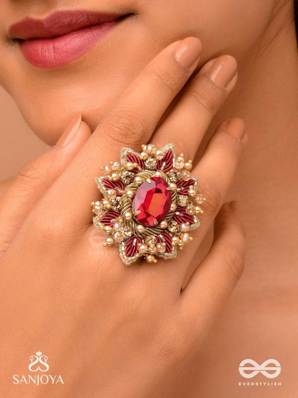 PRABHA - THE RADIANT RED DAISY - EMBROIDERED FLOWER DESIGN WITH CENTRAL RED STONE AND BEADS 