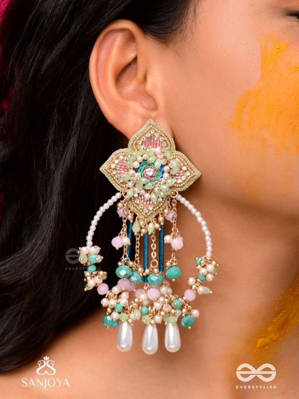 Vasudhara - The flow of colours - Pastel embroidered earrings adorned with beads and pearl danglers