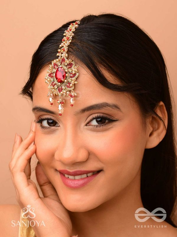 Kumudinikunda-Delicate lotus-Embroidered hair accessory with a red stone & golden embellishments