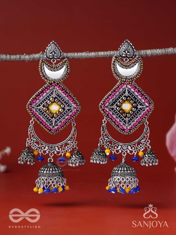 CHANDRAKANTA-MOONSTONE EARRINGS-STATEMENT OXIDISED JHUMKAS WITH MIRROR, BEADS AND THREAD WORK