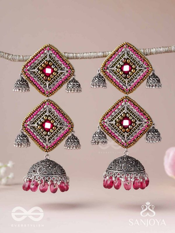 VISHRUTA-CELEBRATED ELEGANCE-STATEMENT OXIDISED JHUMKAS WITH MIRROR, BEADS AND THREAD WORK