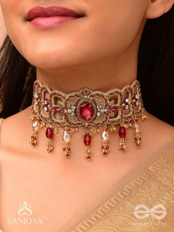 Ratnavati Hara- Adorned with Gemstones- Embroidered Gemstone Neckpiece with Beads & Thread work