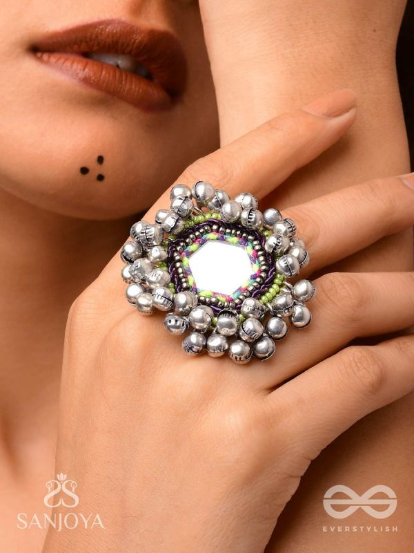 CHANDRA-KANTA-MOONLIT RADIANCE-EMBROIDERED OXIDISED RING WITH BEADS AND GHUNGROO