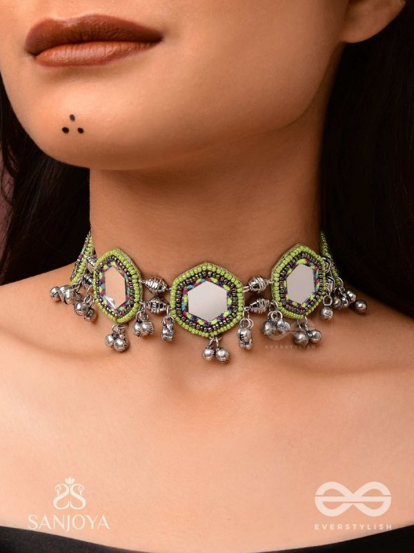 Chāyāmālā-Reflective choker- oxidized choker featuring intricate beadwork, mirrors, ghungroo (small bells), and thread details