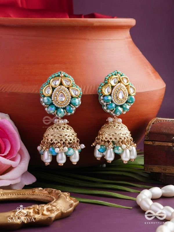 Sphārikā- Crystal Radiance-Jhumka earrings adorned with diamond shaped stones,beads and pearls of golden, white and turquoise accents