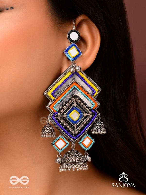 Pratibimbā-Reflective Jhumka-Brick stitch pattern earrings with geometric mirror inlays, thread work and jhumkas.