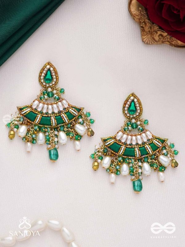 CHANDRAVATA- CRESCENT BRANCH EARRINGS- EMBROIDERED EARRINGS WITH STONES, BEADS, PEARLS AND RESHAM WORK