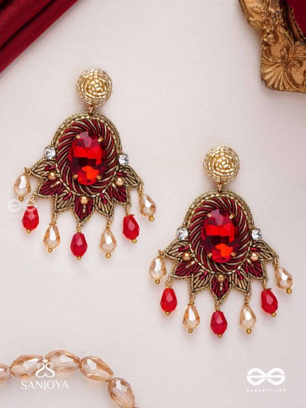 RAKTAVARNA-RED HUE HAND-EMBROIDERED EARRINGS IN RED AND GOLD TONES, FEATURING STONES, GLASS BEADS, AND INTRICATE RESHAM THREAD WORK