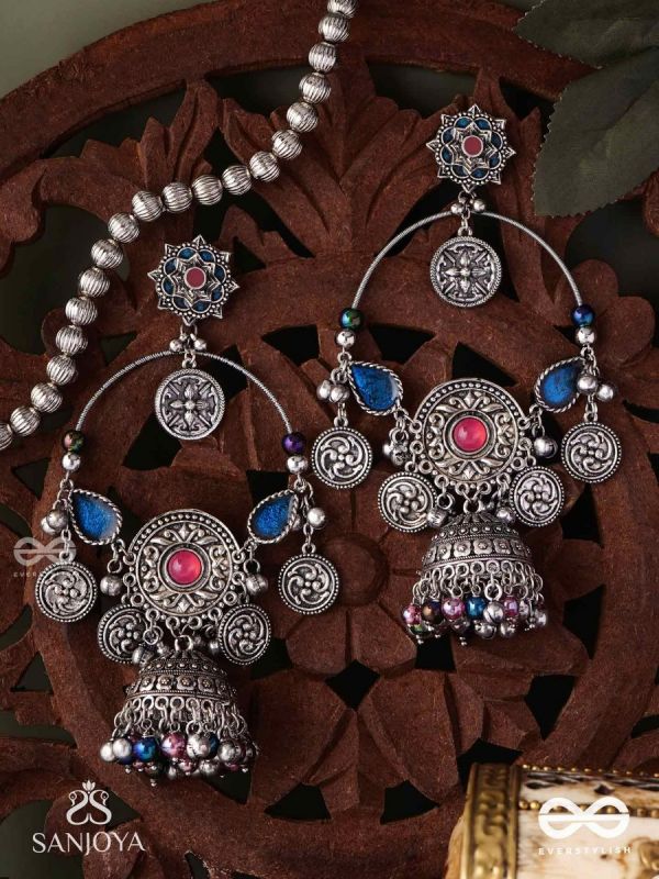 SHUBHRAVILASA- RADIANT GRACE- SILVER TONED EARRINGS, CIRCULAR MOTIFS ADORNED WITH GHUNGROOS AND JHUMKA