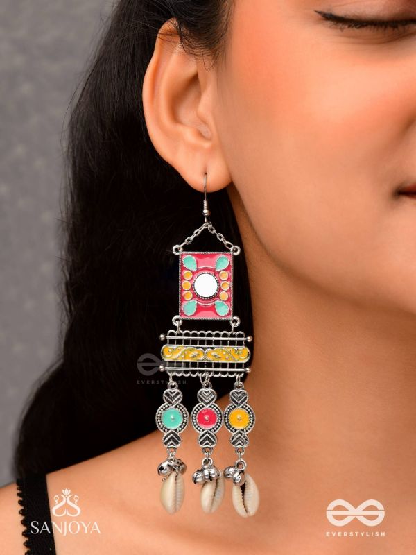 SINGHASANAMUKTA- THRONE GEM- OXIDIZED ENAMELLED EARRINGS IN MULTICOLOUR MOTIFS WITH GHUNGHROO'S AND COWRIE SHELLS