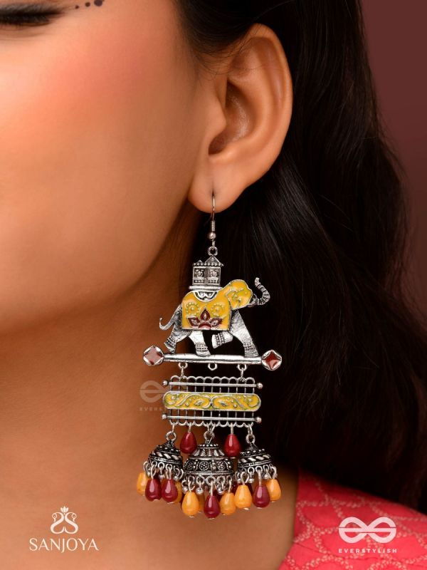  SAMPURNAMANI-COMPLETE JEWEL- ELEPHANT MOTIF EARRINGS ENAMELLED WITH SILVER-TONED METAL, FEATURING JHUMKA AND STONE EMBELLISHMENTS