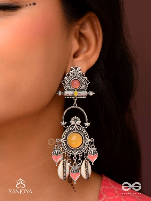  SURYARATNA-SUN GEM-SILVER-TONED EARRINGS ACCENTED WITH DANGLING COWRIE SHELLS AND GHUNGHROO'S