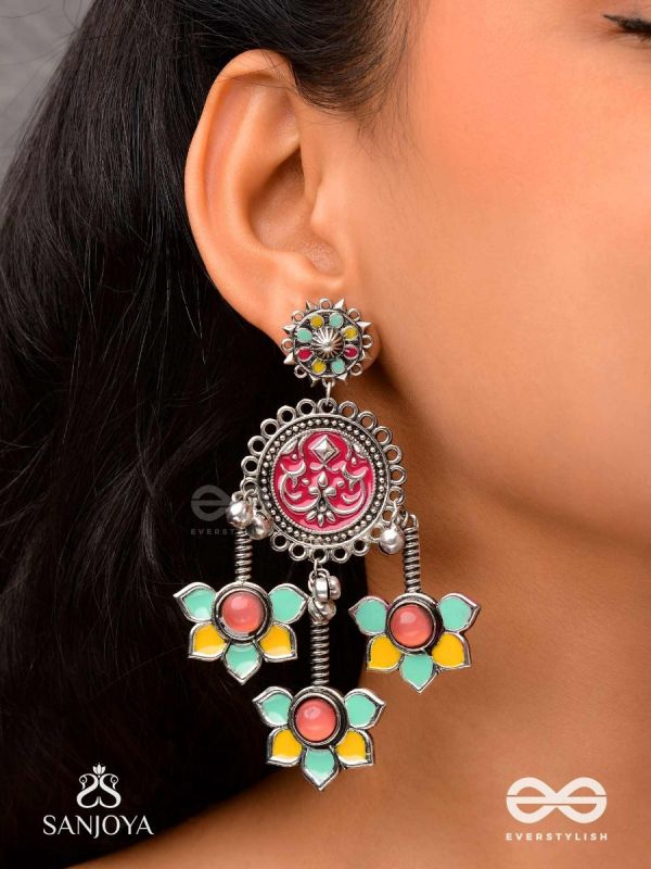  SHAHIPUSHP- ROYAL BLOSSOM- ENAMELLED EARRINGS WITH MULTI COLOURED STONES SET IN SILVER TONED METAL