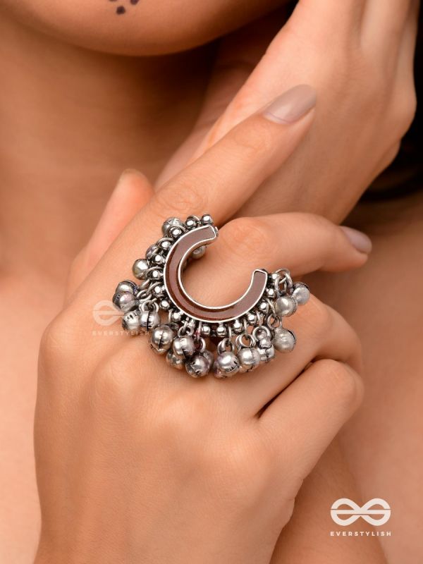 Lunar Embrace-  Oxidized adjustable  ring with ghungroos