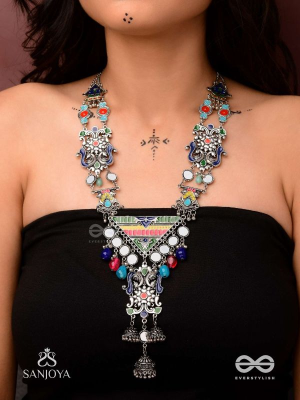 Prema raga- Love colour- Enamelled oxidized neckpiece embellished with beads, mirror and dangling jhumka.