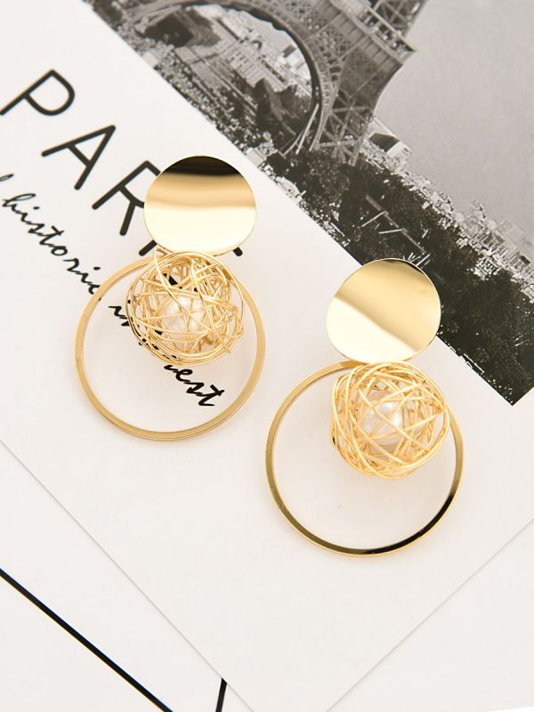A Geometric Delight - Pearl in a Cage of Gold Earrings