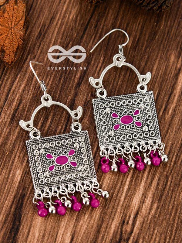 The Embellished Trunk - Oxidised Boho Earrings (Silver-Pink)