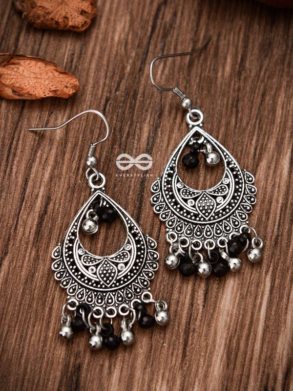 The Dangling Droplets (Silver-Black) - Oxidised Boho Earrings