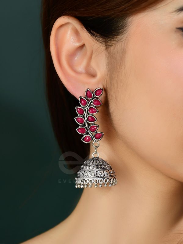 The Elegance of Nature (Ruby Red) Jhumkas - Embellished Oxidised Collection