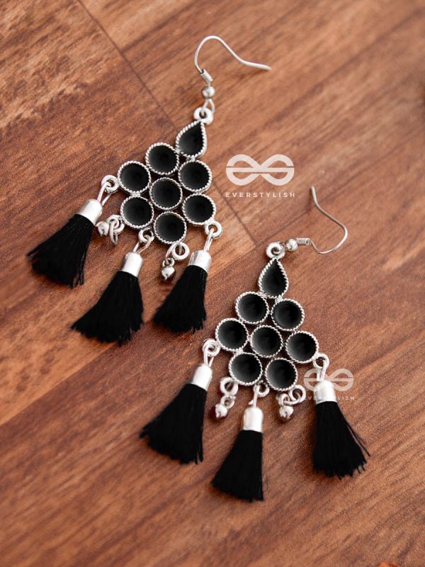 The Enamelled Tassels (Black) - Embellished Oxidised Earrings