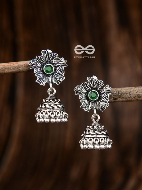 The Artsy Floral Jhumkis (Emarald) - Embellished Oxidised Collection