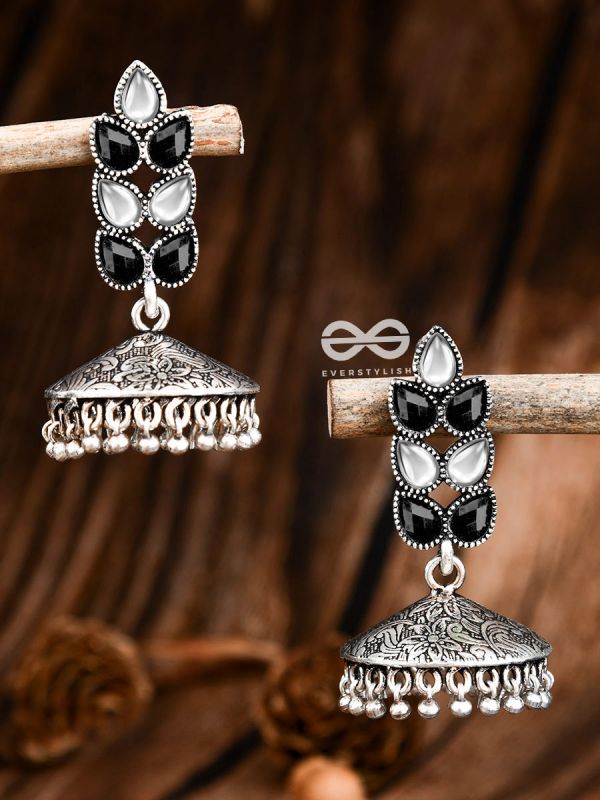 The Olive Branch Intricate Jhumkis - Black White - The Embellished Oxidised Collection