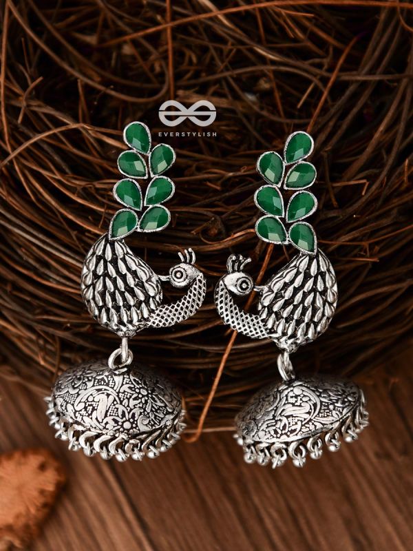The Dancing Peacocks Engraved Jhumkis (Emerald Green) - Embellished Oxidised Collection