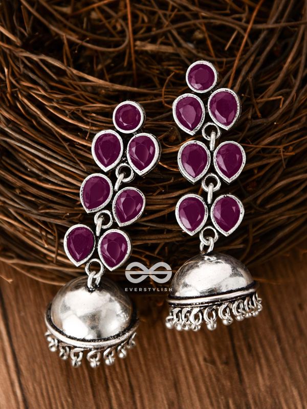 The Playfully Elegant Jhumkas (Ruby Red) - Embellished Oxidised Collection