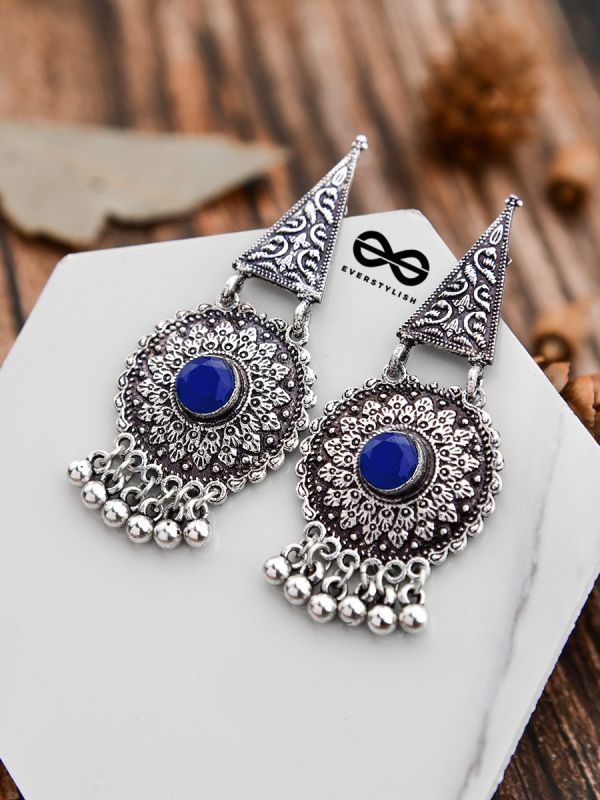 The Embellished Oxidised Collection - Intricate Geometry Earrings- Royal Blue