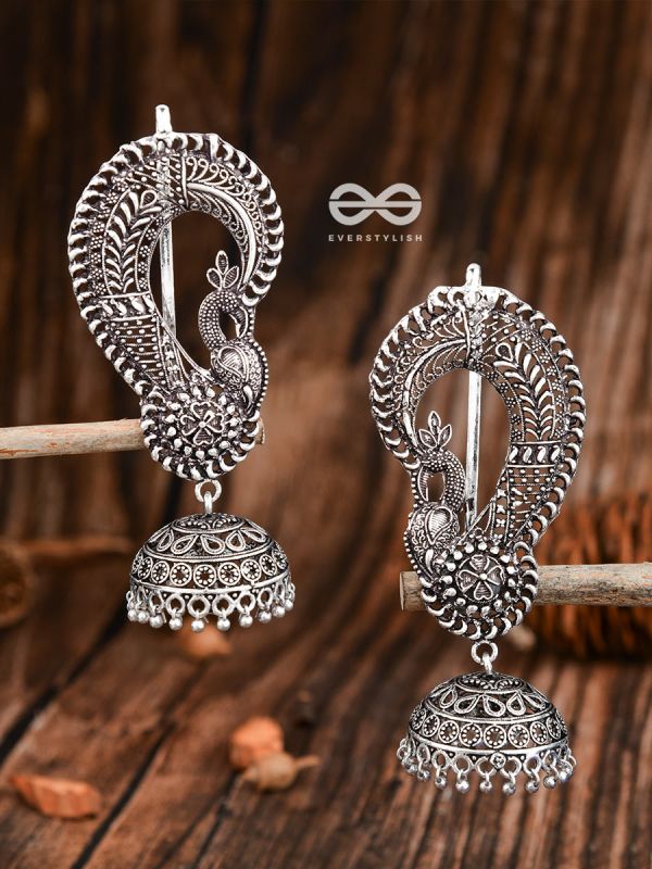 The Elegant Intricate Peacock Earcuffs - Oxidised Boho Earrings
